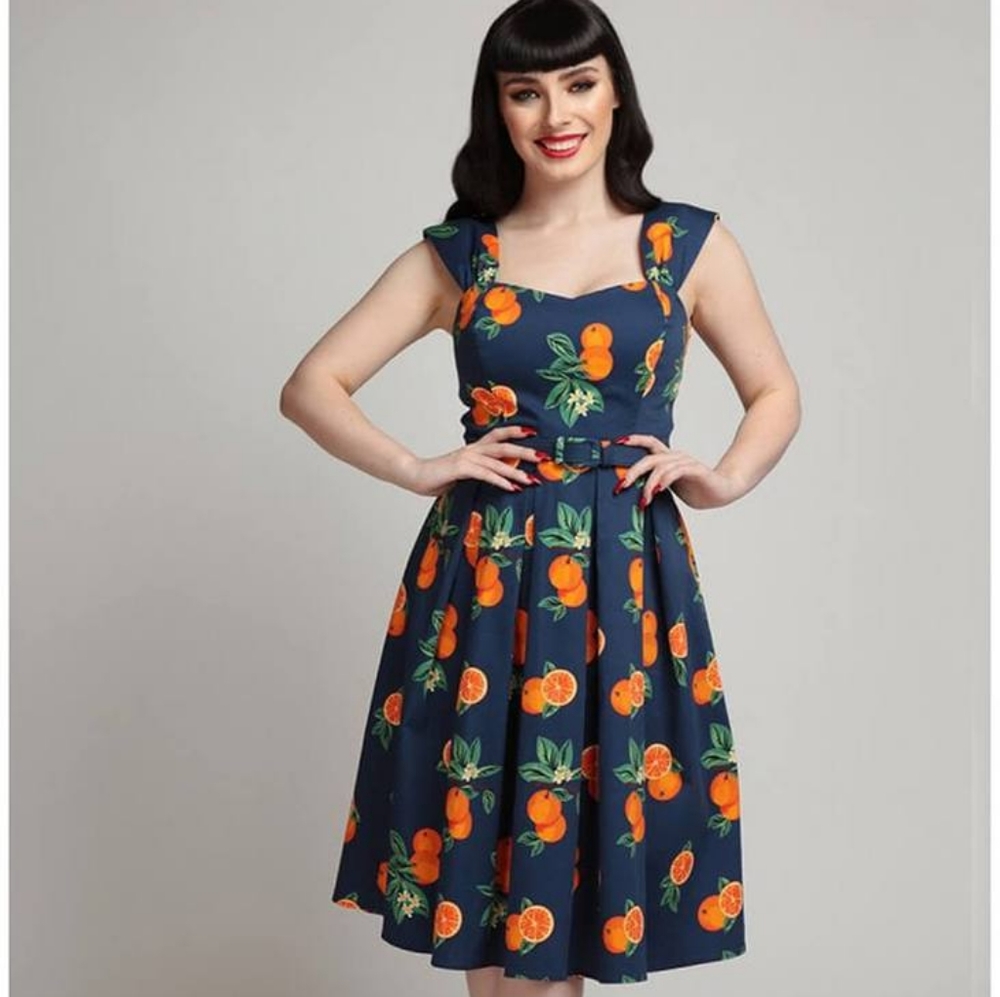 Collectif Navy Dress with Orange Print